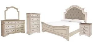 Realyn Queen Upholstered Panel Bed with Mirrored Dresser, Chest and Nightstand