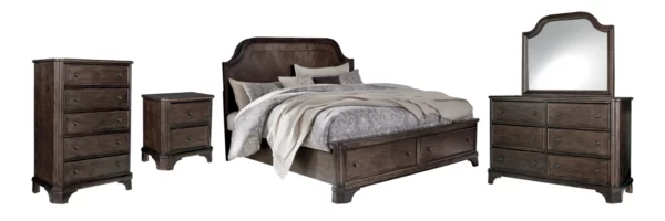 Adinton California King Panel Bed with 2 Storage Drawers with Mirrored Dresser, Chest and Nightstand