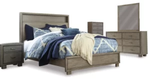 Arnett Queen Bookcase Bed with Mirrored Dresser, Chest and Nightstand