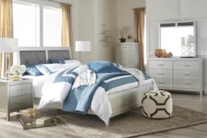 Olivet King Panel Bed with Mirrored Dresser, Chest and Nightstand