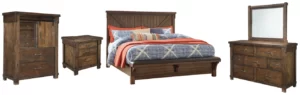 Lakeleigh Califorina King Panel Bed with Upholstered Bench with Mirrored Dresser, Chest and Nightstand