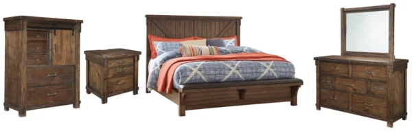 Lakeleigh Califorina King Panel Bed with Upholstered Bench with Mirrored Dresser, Chest and Nightstand