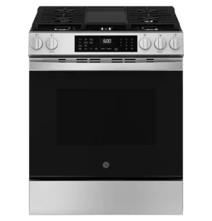 GE - 5.3 Cu. Ft. Slide-In Gas Convection Range with Steam Cleaning and EasyWash Tray - Stainless Steel - GGS600AVFS