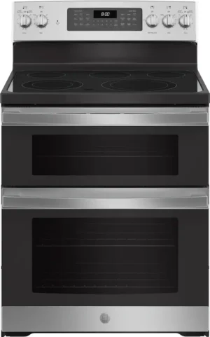 GE - 6.6 Cu. Ft. Freestanding Double Oven Electric Convection Range with Self-Steam Cleaning and No-Preheat Air Fry - Stainless Steel- JBS86SPSS