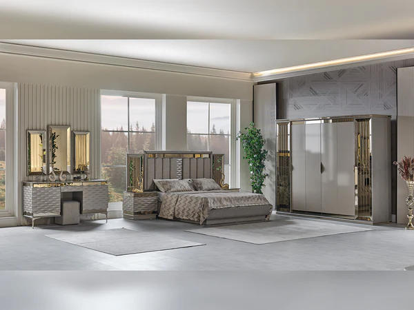 Gokce Bedroom (Queen Frame With Headboard & Dresser With Mirror & Ottoman & 2 Nightstand)-B331-342